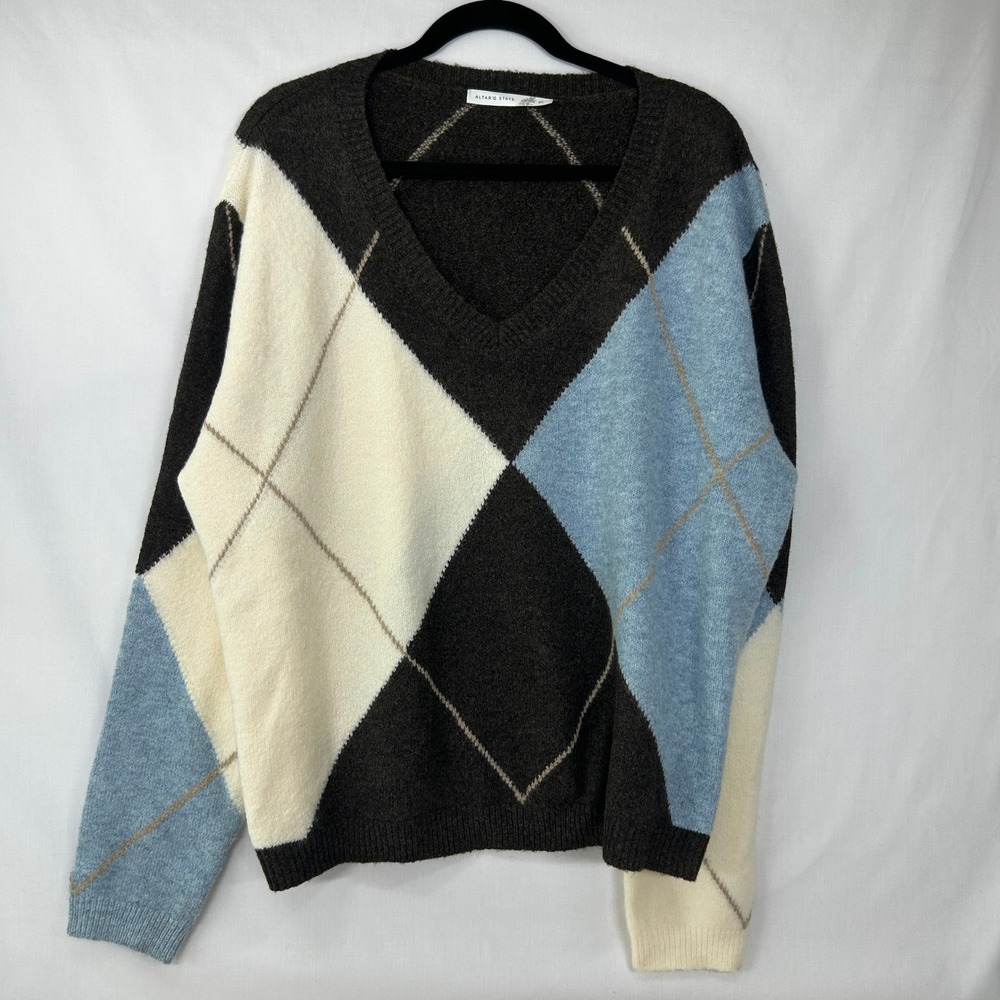 Altar'd State Argyle V Neck Sweater Oversized Preppy Blue Brown XL